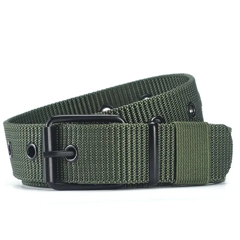Men's Belt Porous Canvas Pin Buckle Leather Belt Outdoor Sports Belt Women's Trendy Eyelet Belt With Jeans Belt For Men Women Peaceful Pleasures Health and Wellness Army green 120cm