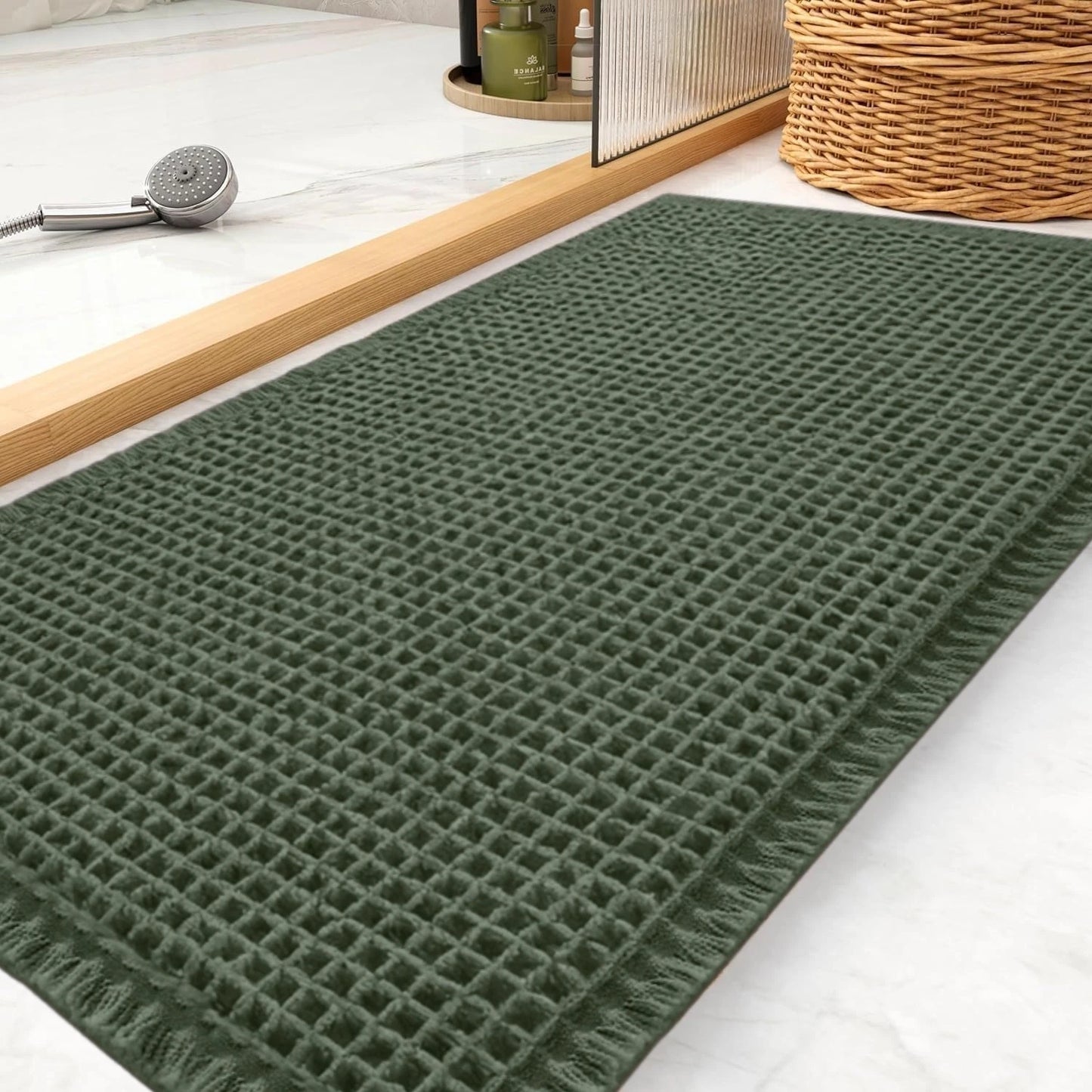 Super Absorbent Bath Mat with Non Slip Backing Waffle Textured Bathroom Rug for Shower Tub Quick-Dry Bath Mat Floor Protection Peaceful Pleasures Health and Wellness olive green 40x60cm and 50x120cm
