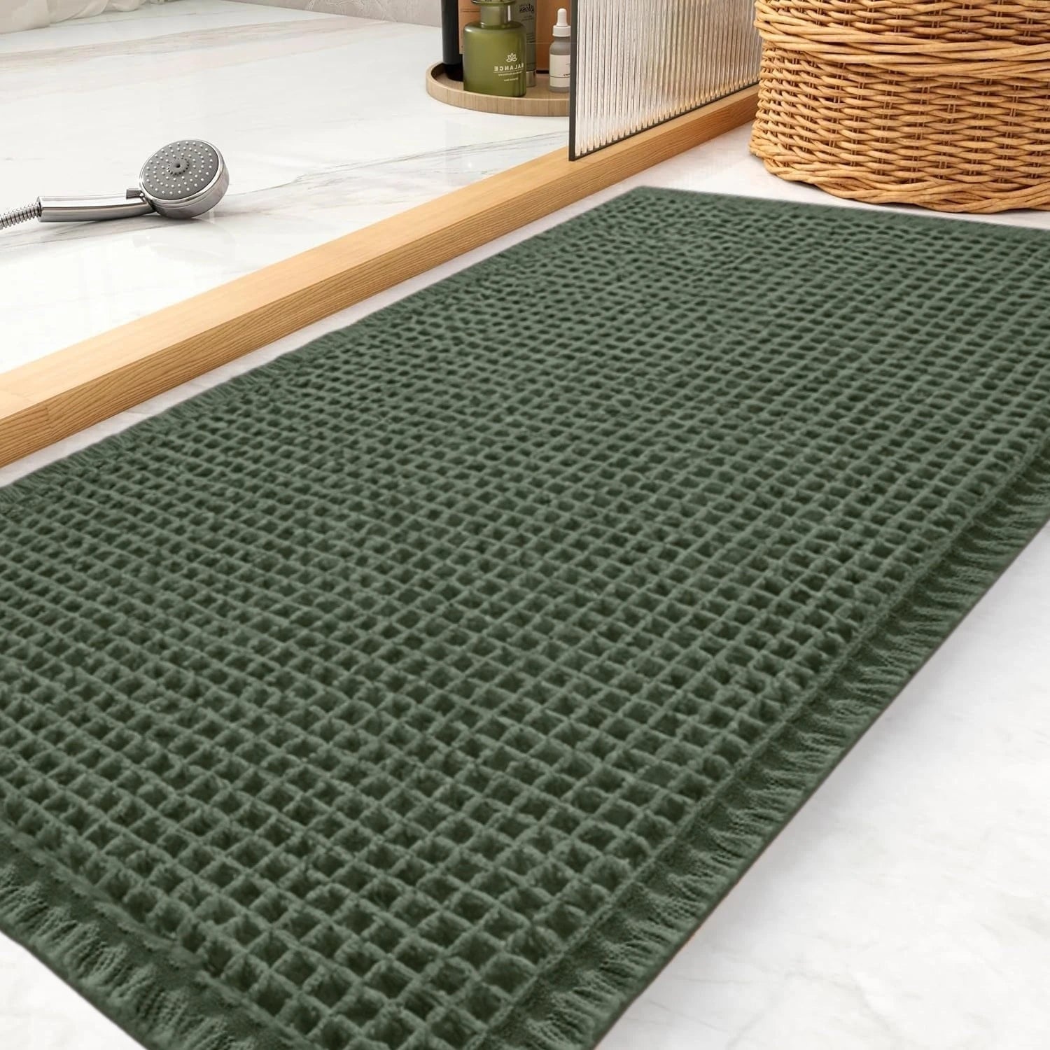 Super Absorbent Bath Mat with Non Slip Backing Waffle Textured Bathroom Rug for Shower Tub Quick-Dry Bath Mat Floor Protection Peaceful Pleasures Health and Wellness olive green 40x60cm and 50x120cm