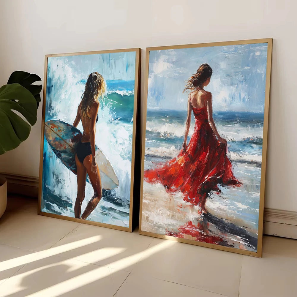 Ocean Beach Canvas Wall Art – Surf Girl, Lighthouse & Palm Tree Canvas Wall Art Peaceful Pleasures Health and Wellness