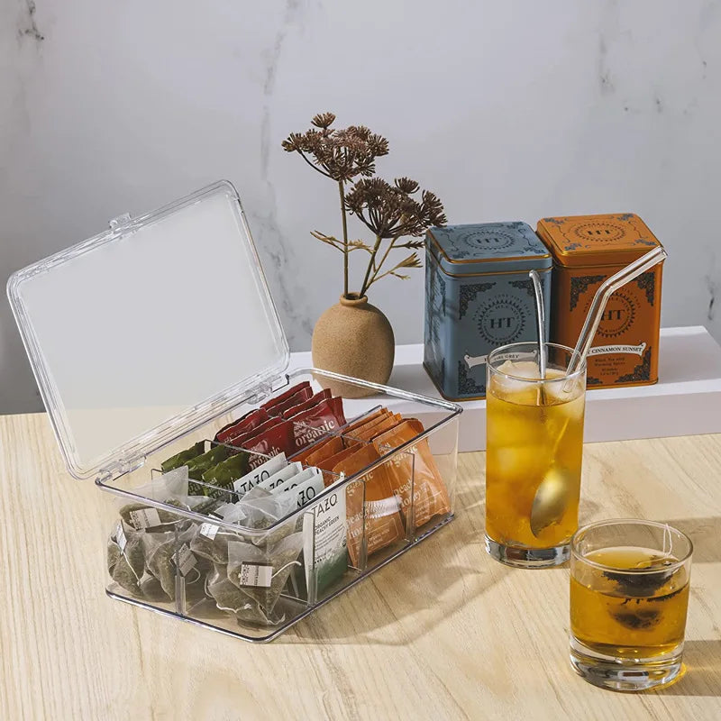 8-Compartment Acrylic Tea Box Organizer with Lid | Tea Storage Tea Bag Organizer Peaceful Pleasures Health and Wellness