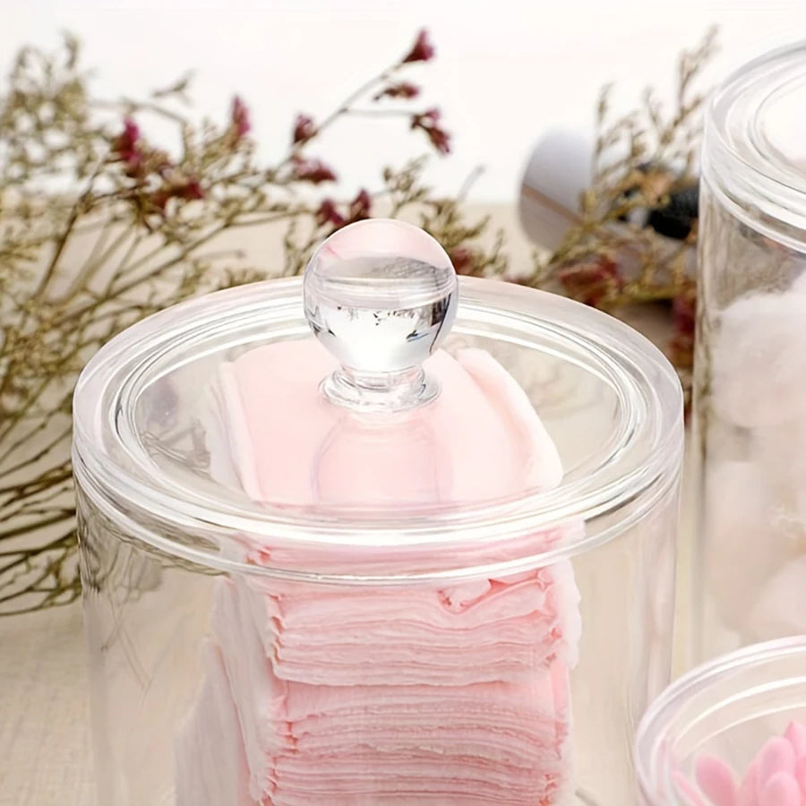 3 Pcs Acrylic Apothecary Jars with lid Clear Qtip Holder Dispenser Storage Box Bathroom Organizer Canisters for Cotton Swab Peaceful Pleasures Health and Wellness