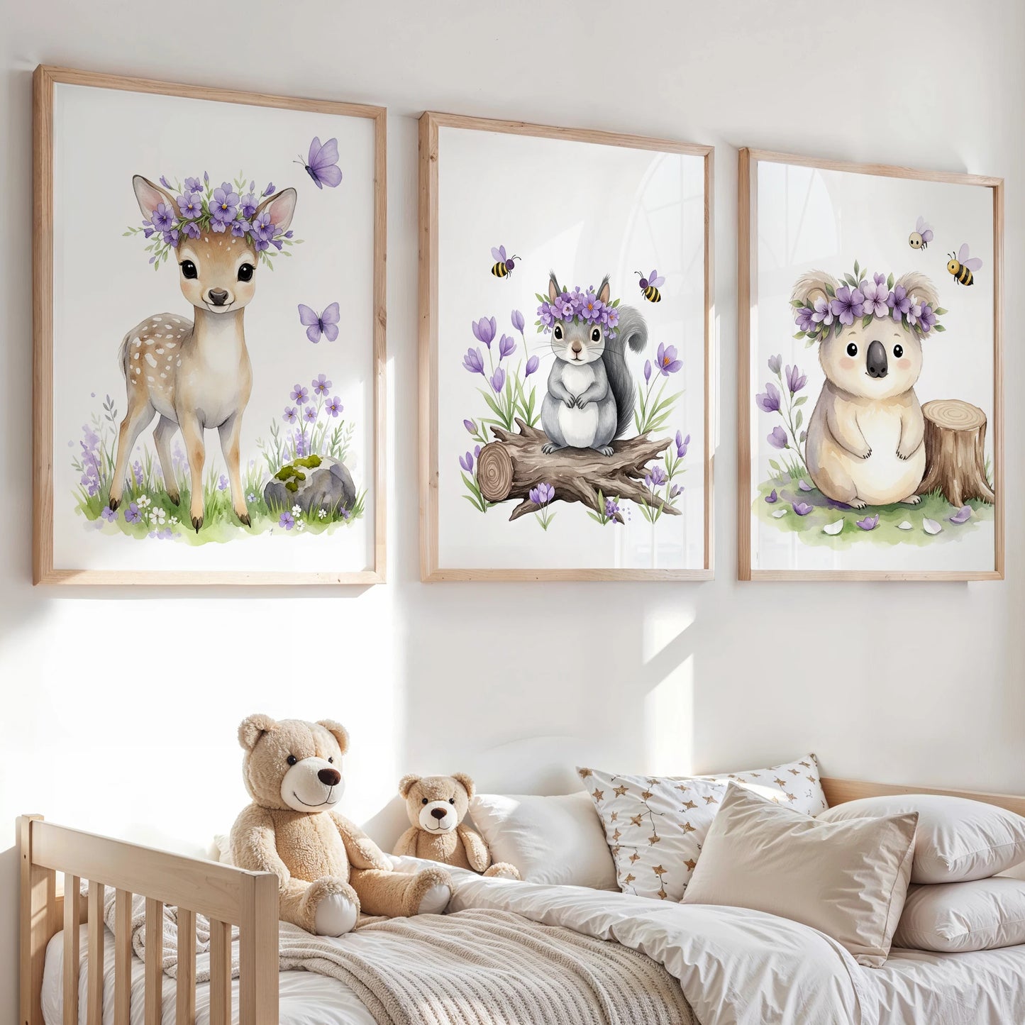 3-Piece Cartoon Animal Canvas Wall Art | Purple Kids Room Decor