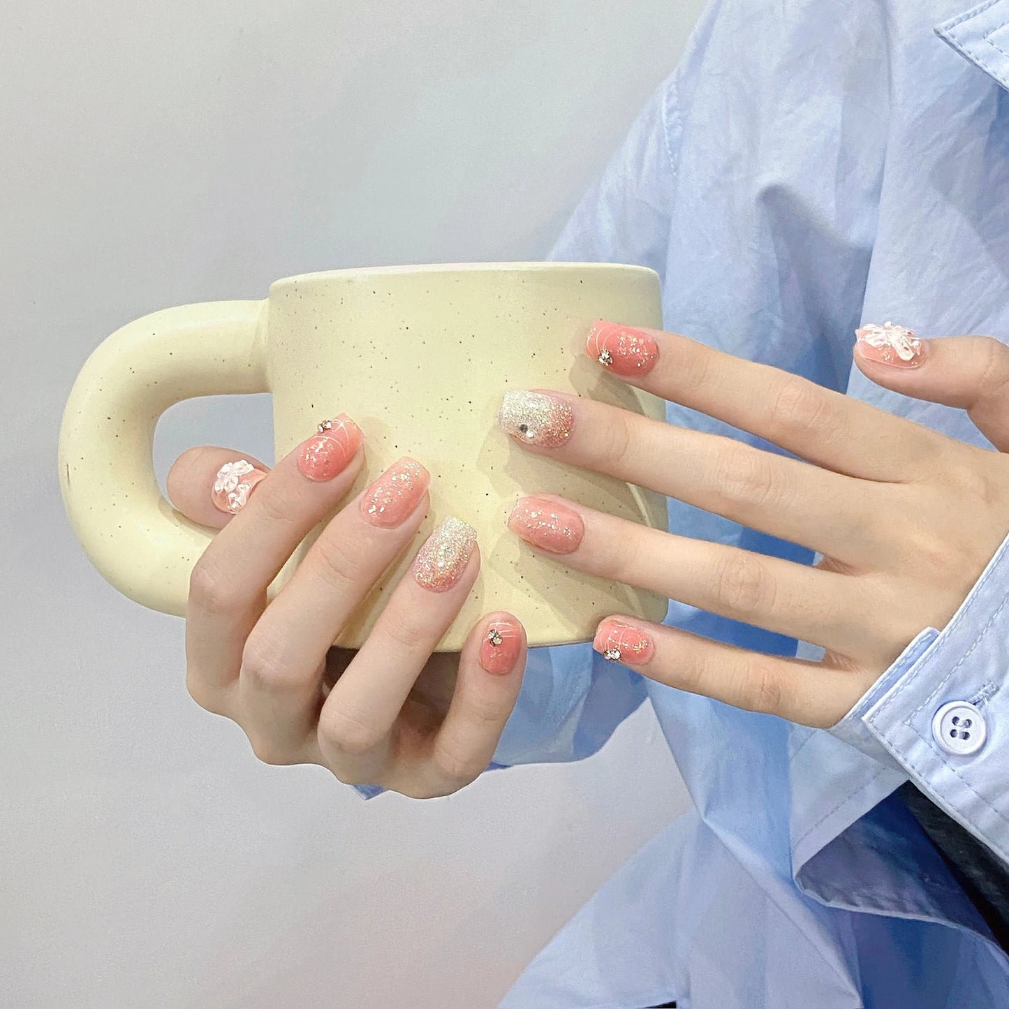 Handmade French Floral Press On Nails – Short Reusable Resin Set