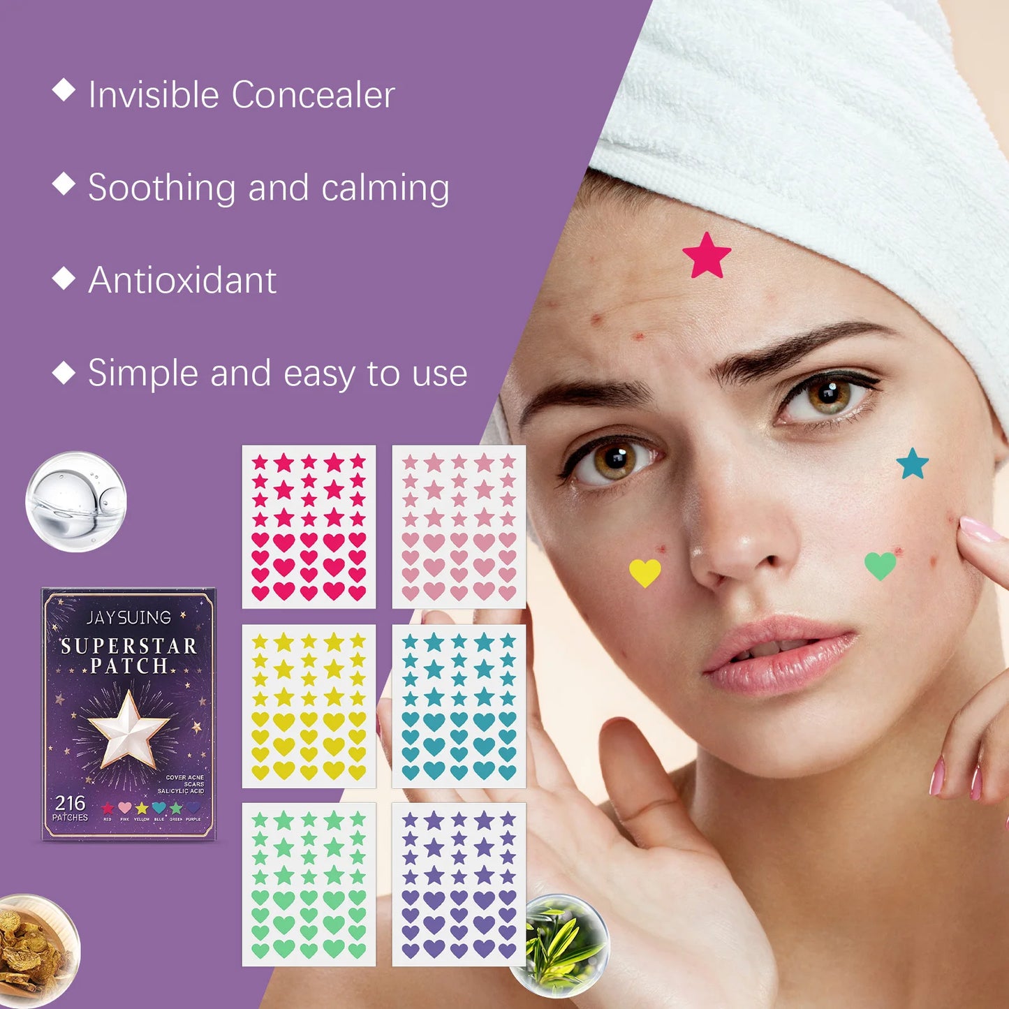 216PCS Starry Multicolor Pimple Patches Facial Cleansing Concealing Acne Blackhead Removal Skincare Hydrocolloid Pimple Patches Peaceful Pleasures Health and Wellness