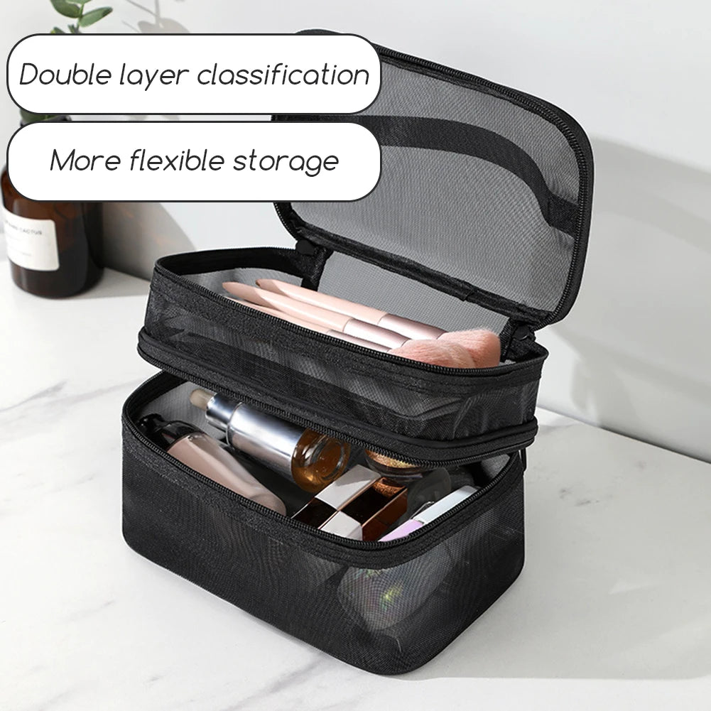 Double Layer Mesh Cosmetic Bag Women's Portable Makeup Toiletry Organiser Pouch With Zipper Large Makeup Pouch For Business Trip Peaceful Pleasures Health and Wellness
