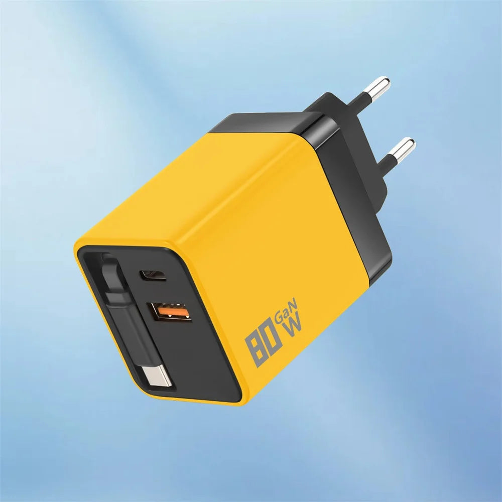 80W Fast Charger | Retractable USB-C Cable, 3-Port Wall Charger
