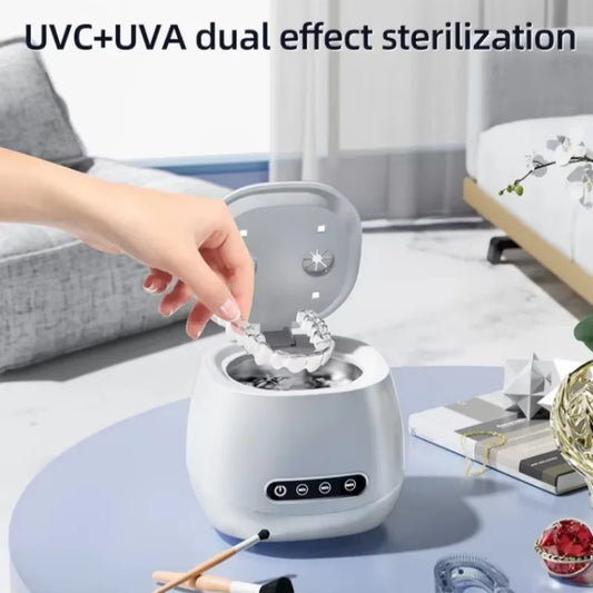 Portable 48KHZ Ultrasonic Denture Cleaner UV Sanitizer Retainer Aligner Cleaning Machine 200ml Travel Braces Pods Jewelry Peaceful Pleasures Health and Wellness