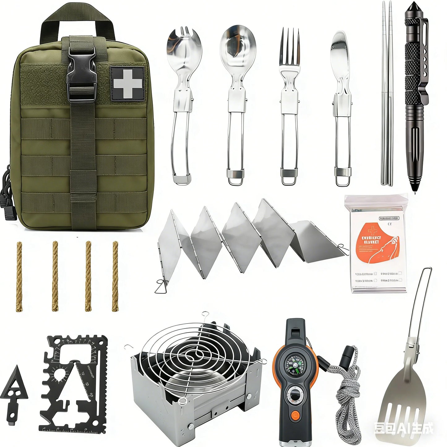 Camping set Alcohol Stove Portable Backpacking Including tableware, compass for Hiking Travel Outdoor Burner BBQ Cooking Picnic Peaceful Pleasures Health and Wellness green