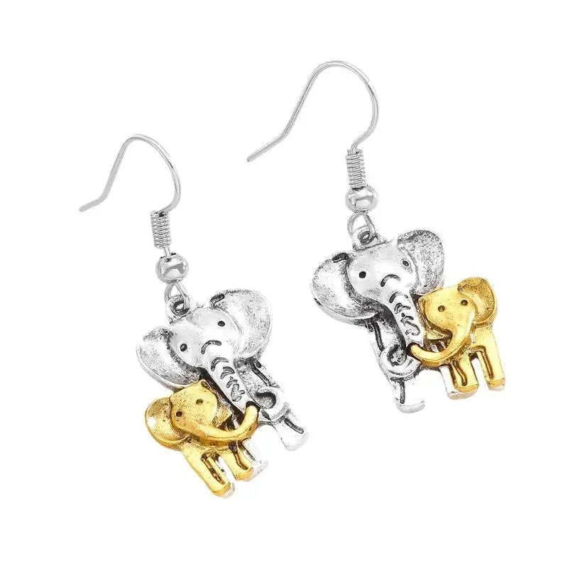 Mother & Baby Elephant Dangle Earrings | Two-Tone Vintage Drop