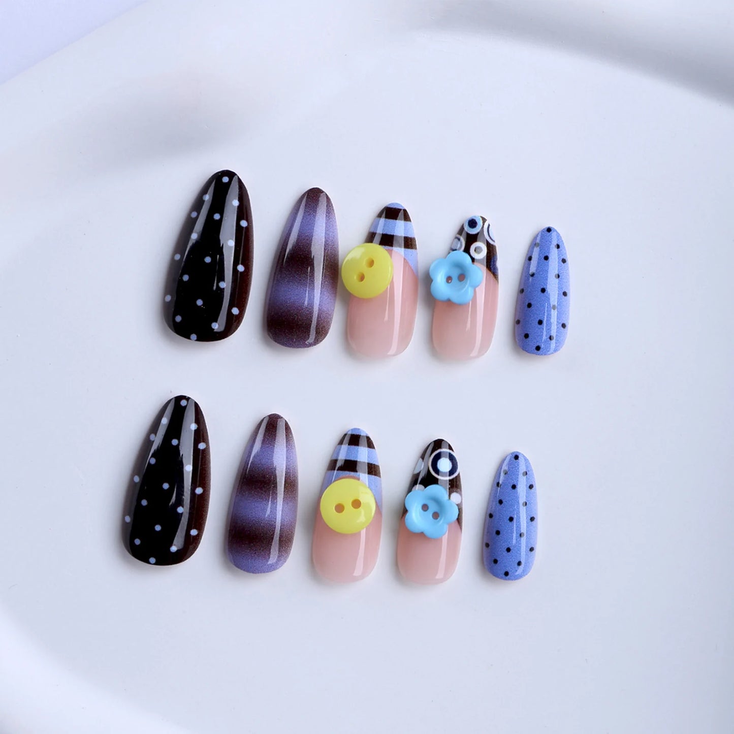 24pcs 3D Flower Press-On Nails Y2K Brown Blue Gradient Almond