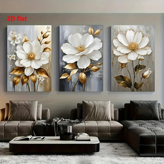 3-Piece Golden Leaves White Flowers Canvas Wall Art | Unframed Canvas Wall Art Peaceful Pleasures Health and Wellness