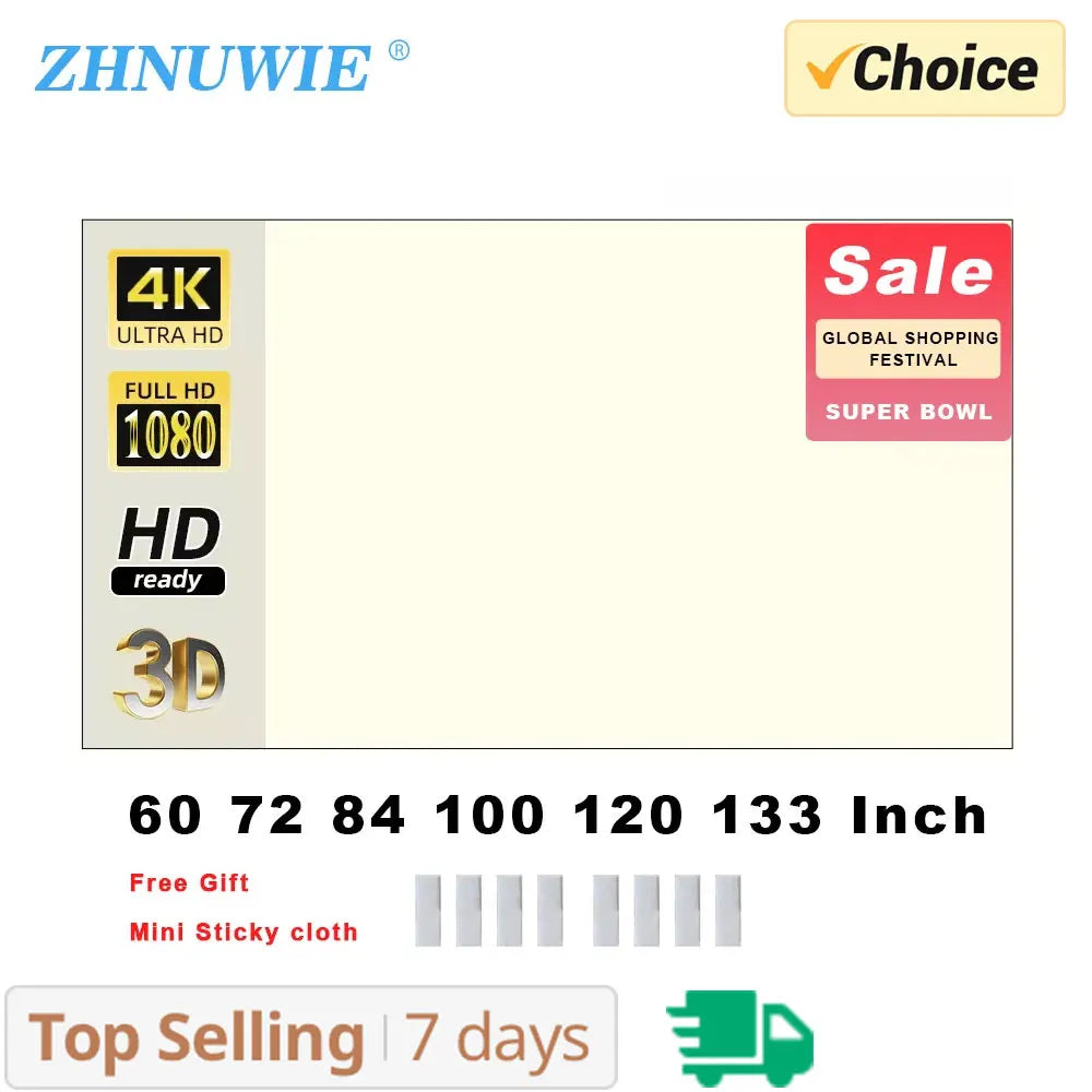 ZHNUWIE Projector Screen White Grid Anti-Light 16:9 Projection Screen For Home 72 84 100 120 133 Inch Portable Reflective Cloth Peaceful Pleasures Health and Wellness