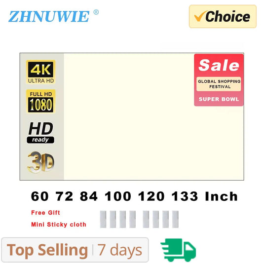 ZHNUWIE Projector Screen White Grid Anti-Light 16:9 Projection Screen 60 72 84 100 120 133 in Reflective Cloth for Home Theatre Peaceful Pleasures Health and Wellness