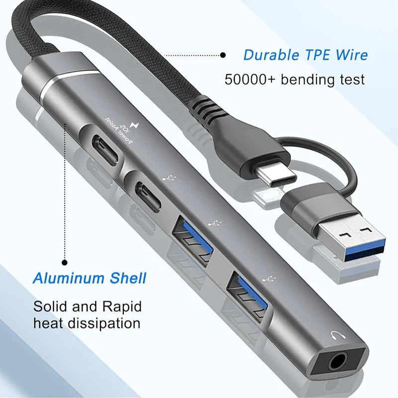USB-C & USB to 3.5mm Audio Adapter – 5-Port OTG Hub