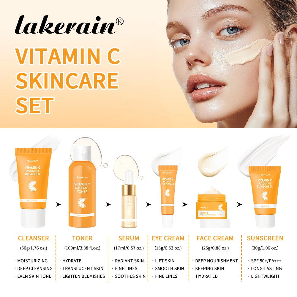 Lakerain Vitamin C Skin Care Set Whitening Cream Dark Spots Serum Dark Circle Eye Facial Cleaning Moisturizing Sunscreen Kits Peaceful Pleasures Health and Wellness