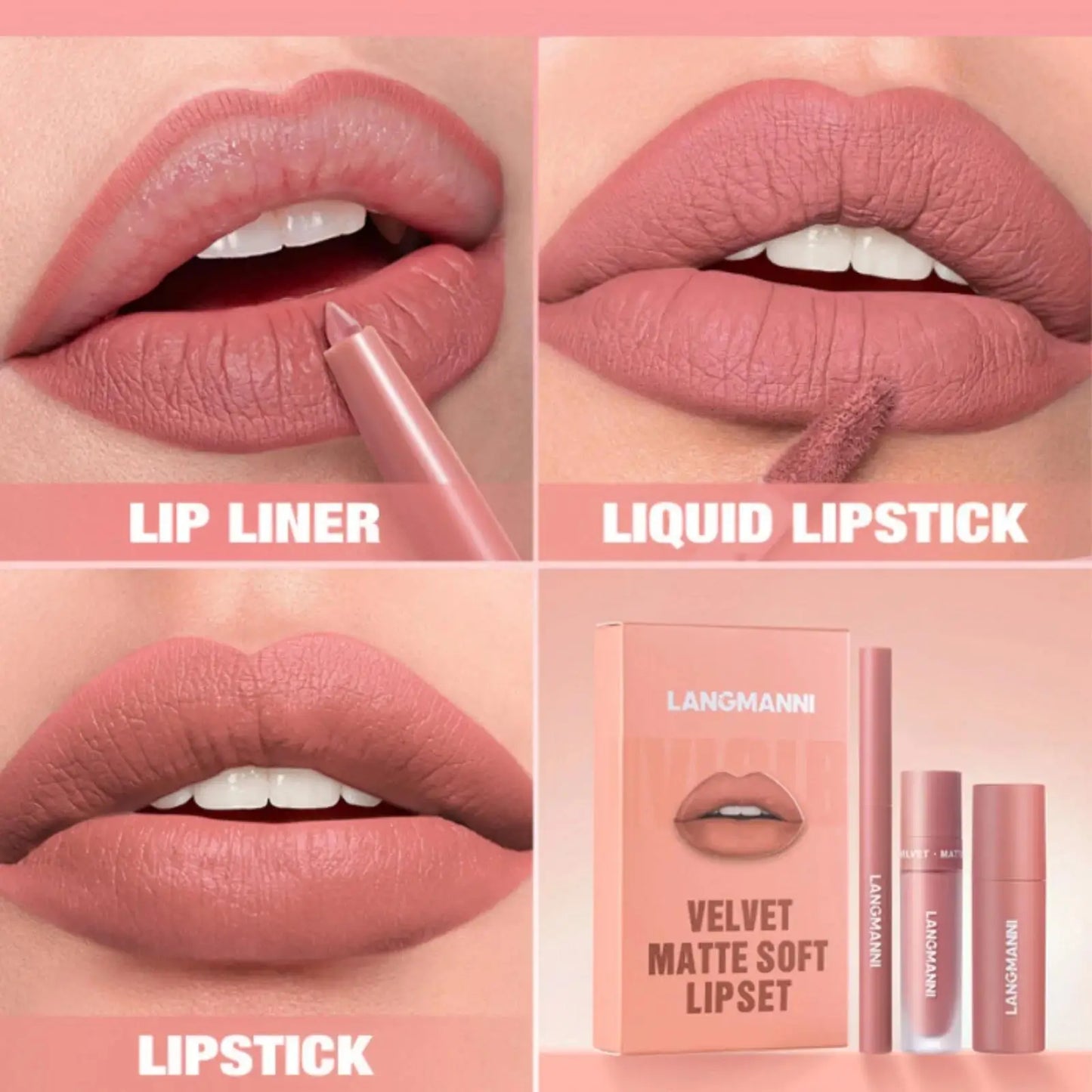 LANGMANNI 3-Piece Matte Lip Kit – Liquid Lipstick & Lipliner