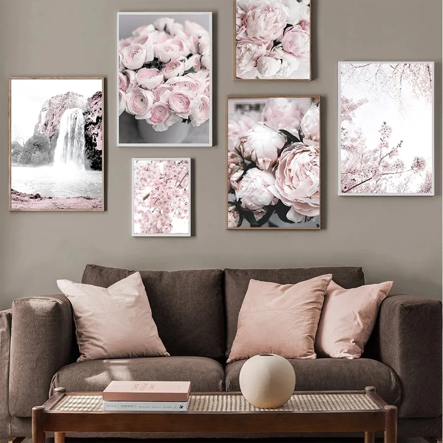 HD Canvas Wall Art for Living Room Cherry Blossoms Peony Carnation Flower Nordic Mountain Modern Pink Color Poster Home Decor Peaceful Pleasures Health and Wellness