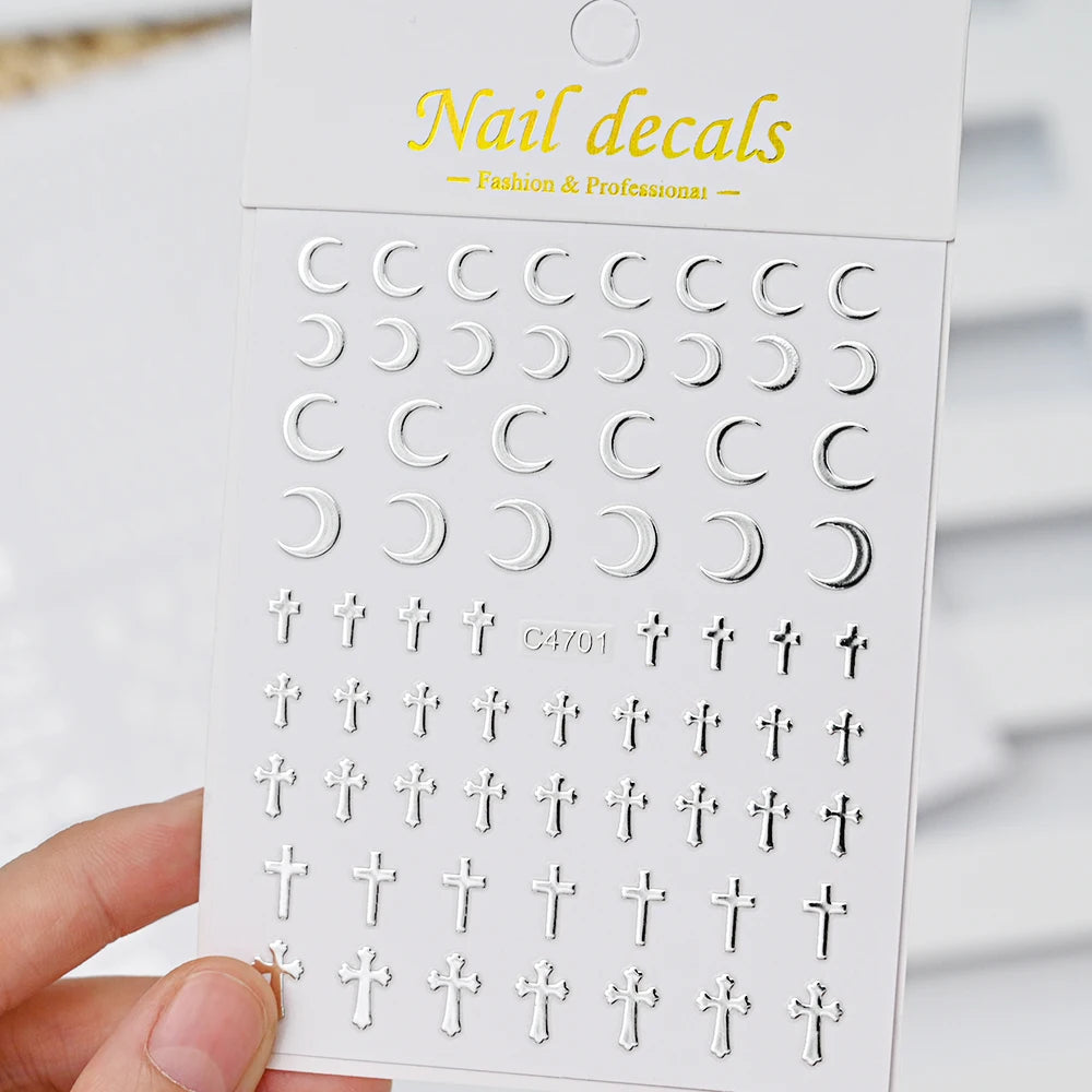 3D Silver Nail Art Stickers – Stars, Hearts & Chain Decals
