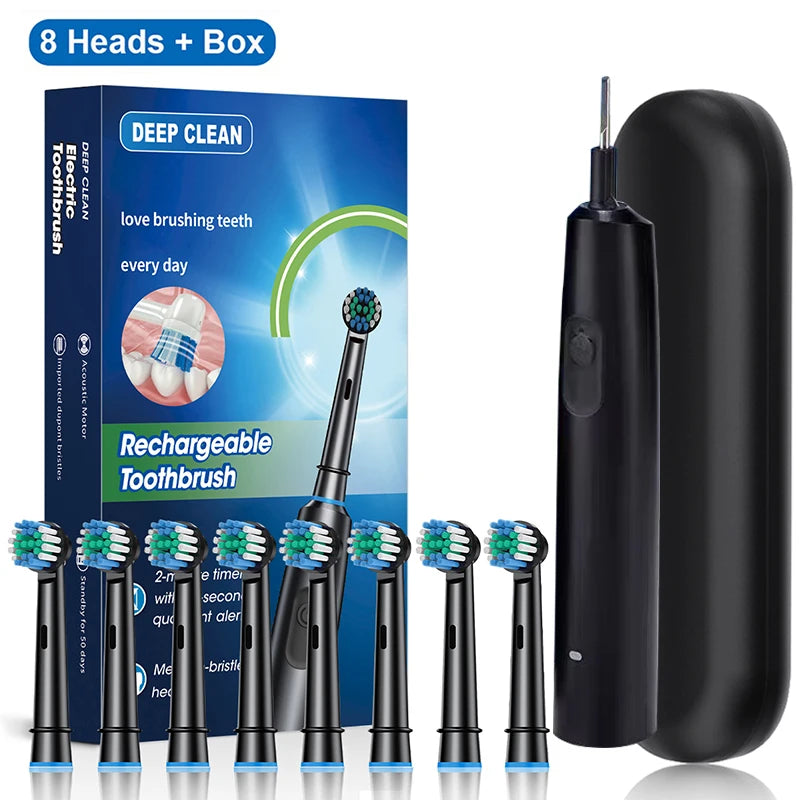 Electric Toothbrush Rotary Rechargeable Electric Toothbrush for Adults Rotating Electric Toothbrushes with 8 Soft Brush Heads Peaceful Pleasures Health and Wellness Black 8 Heads Box