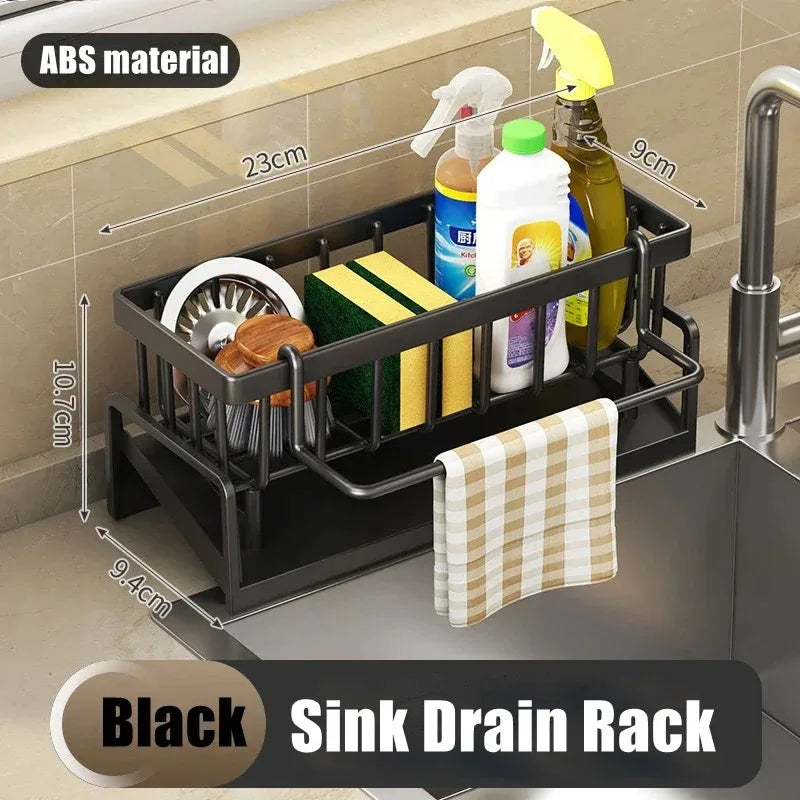 1PC Multifunctional Plastic Kitchen Shelf Rag Storage Drainage Shelf,No-Punch Adhesive Spice Rack,Sink Tap Drain Rack with Hooks Peaceful Pleasures Health and Wellness Black-B