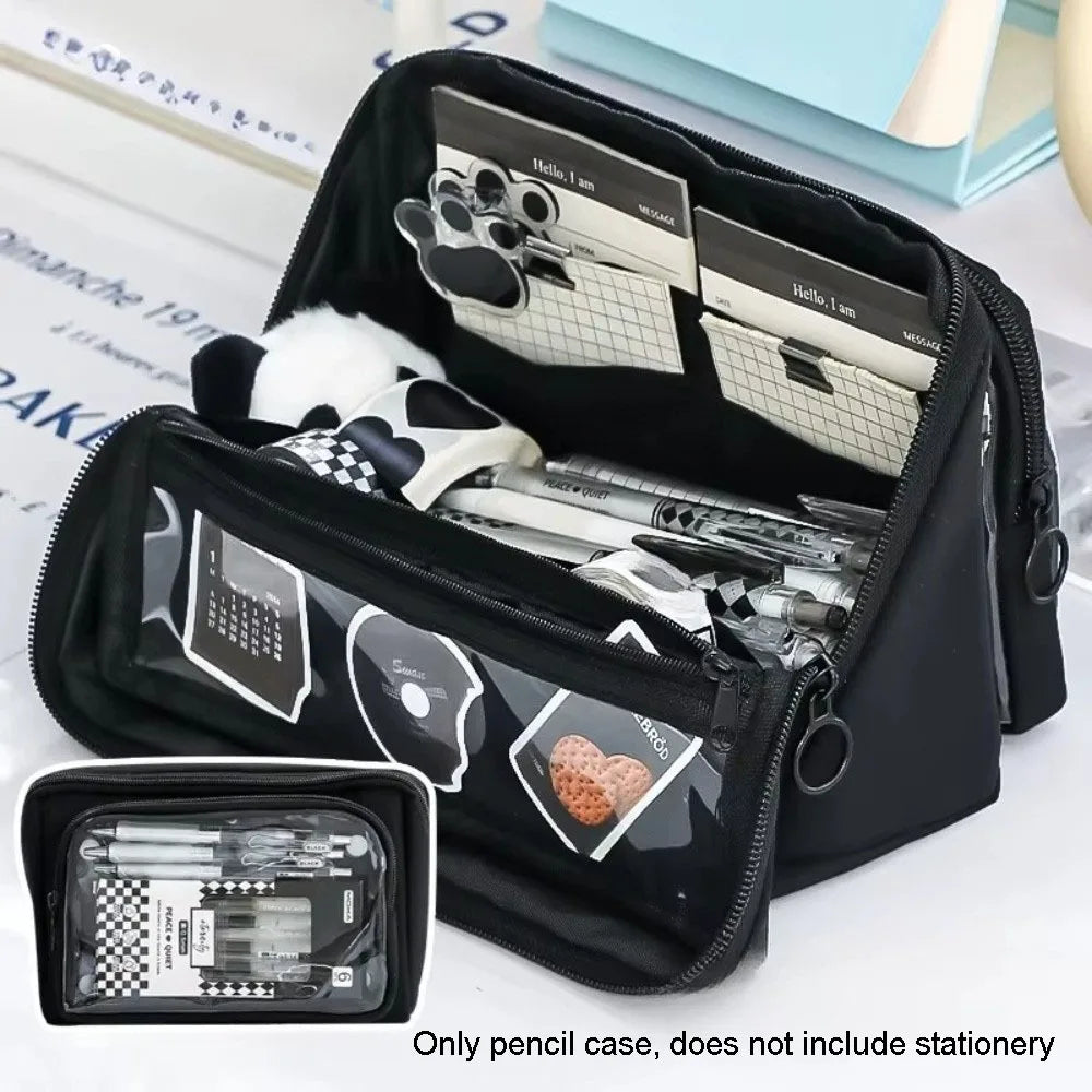 Kawaii Large Capacity Transparent Pencil Case DIY Zipper Transparent Pen Bag Multifunctional Solid Color Stationery Box Friend Peaceful Pleasures Health and Wellness Black