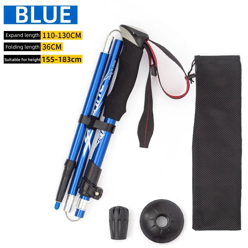 Aluminum alloy folding ultra-lightweight ultra-short retractable outdoor hiking stick, hiking staff, five-section hiking stick Peaceful Pleasures Health and Wellness blue3