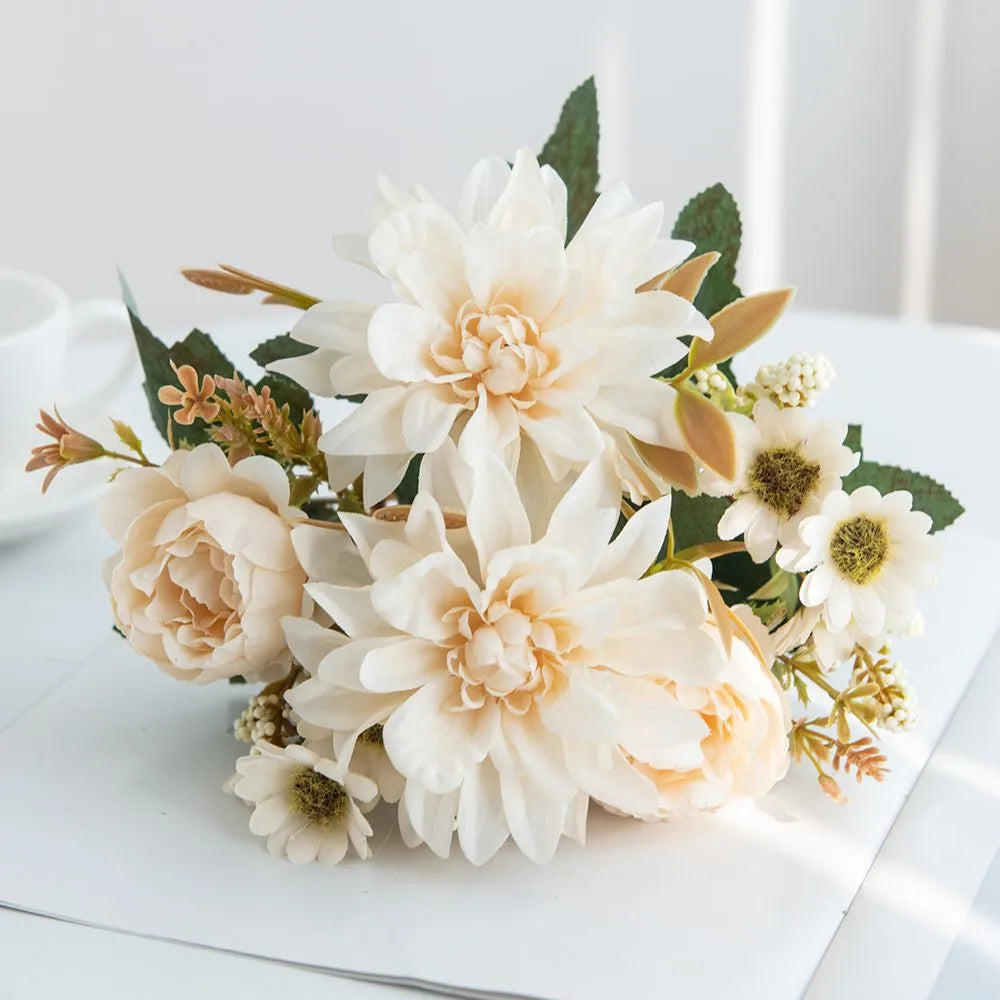 Silk Artificial Dahlia Rose Daisy Bouquet | Wedding & Party Decor