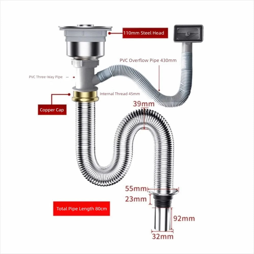 Stainless Steel Sink Drain Pipe Set Easy Install Single/Double Bowl Sewer Replacement Pipe Space Saving Anti Clogging Peaceful Pleasures Health and Wellness Single-slot