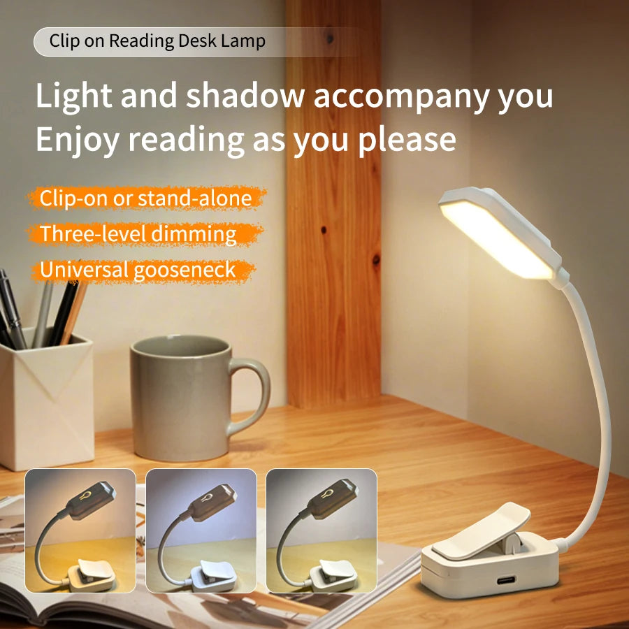 Rechargeable Mini LED Book Light with Clip Eye Protection 3colors Flexible Reading Lamp Desk Bedside Portable Night Study Light Peaceful Pleasures Health and Wellness
