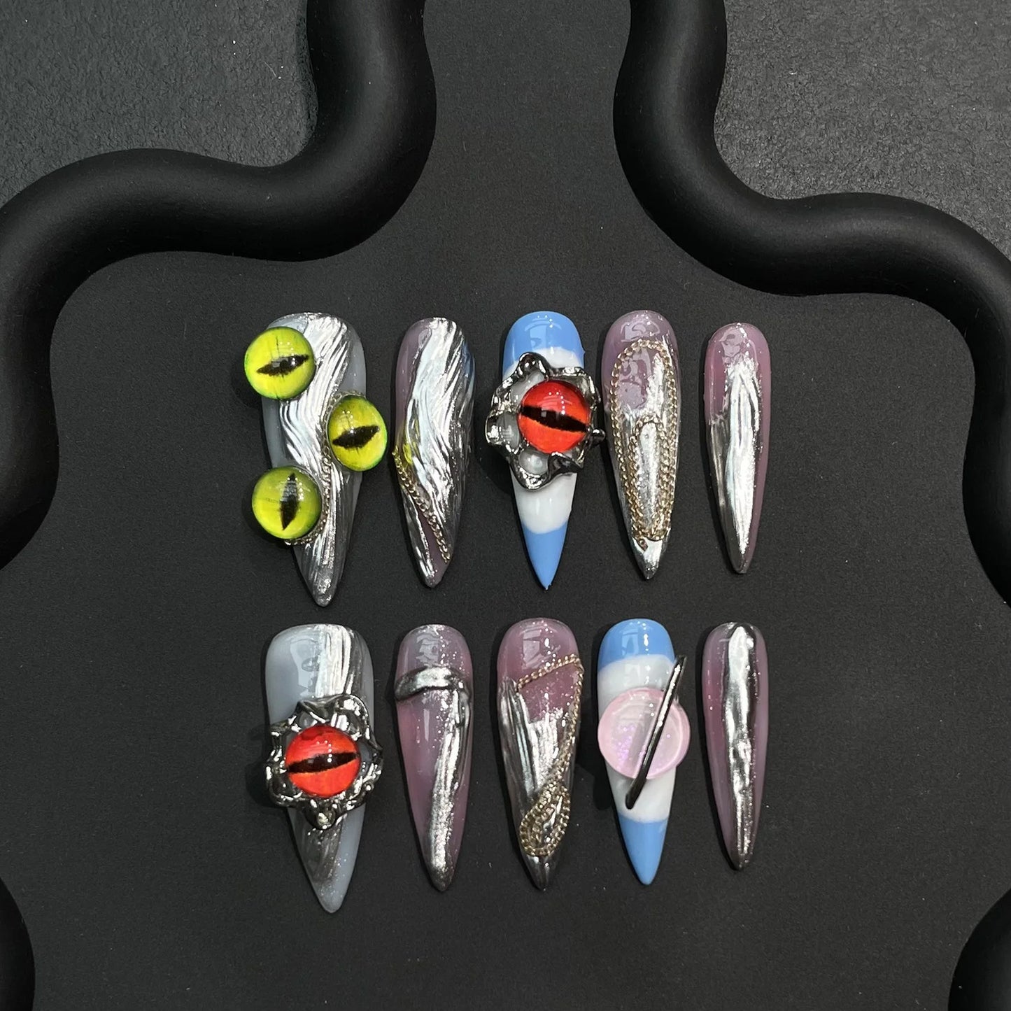 Gothic Y2K Metal Press-On Nails | Long Water Drop, 10pcs