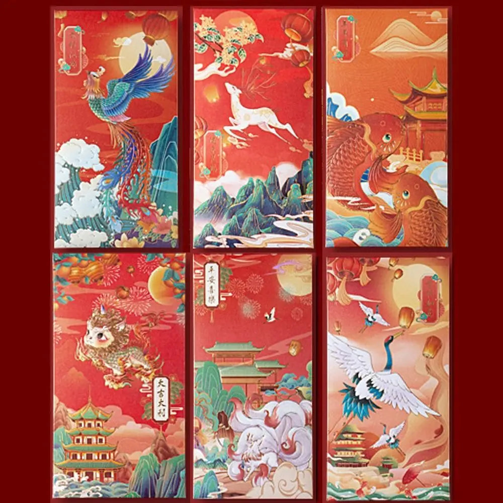 Classic Tradition Spring Festival Decoration Hot-Stamping Blessing Crane Red Pocket Chinese New Year Red Envelope Bless Pocket Peaceful Pleasures Health and Wellness -C