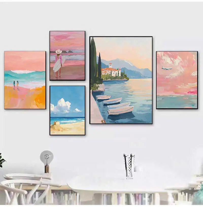 Beach Surfing Canvas Wall Art | Summer Seaside Poster Print Canvas Wall Art Peaceful Pleasures Health and Wellness