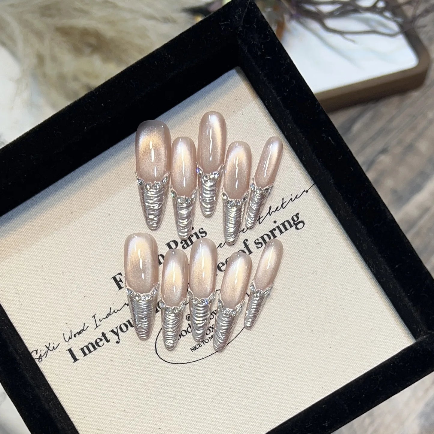 Punk Press On Nails Long Oval Cat Eye French Tips – 10pcs