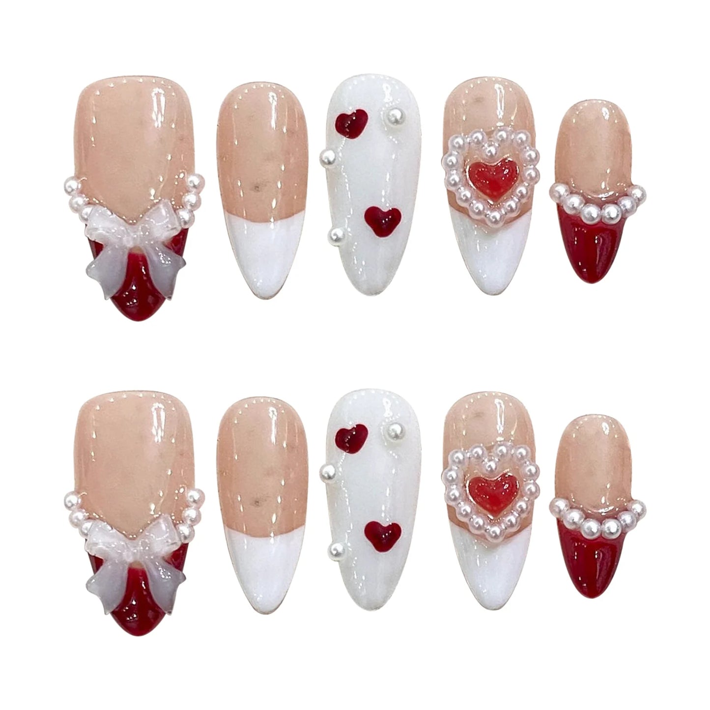 Red French Almond Press On Nails | Bow Pearl Design 10pcs
