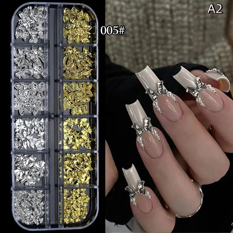 3D Nail Charms Set – Punk Rivets, Bows & Rhinestones, 12 Grid