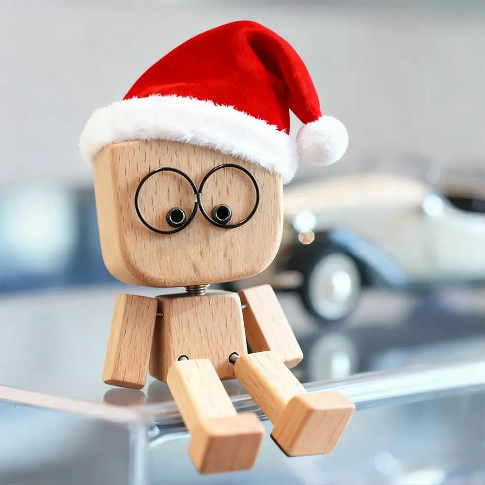 Christmas Hat Leg-swinging Robot Figurine Cute Wood Man Shaking Wooden Man Figurine With Function Of Changing Peaceful Pleasures Health and Wellness