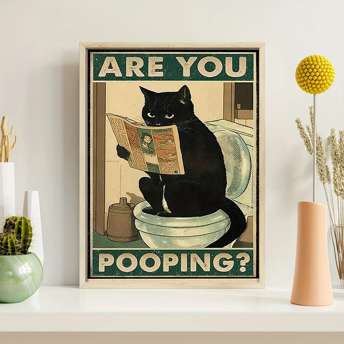 Funny Black Cat Toilet Canvas Poster | Retro Wall Art Print