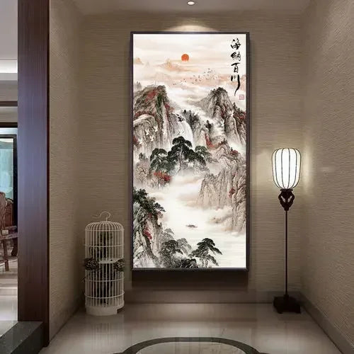 Home and Wanshi Xing Decorative Painting Landscape Mural Painting New Chinese Beginner Style Hanging Painting Home Decor Peaceful Pleasures Health and Wellness 14 40x80cm