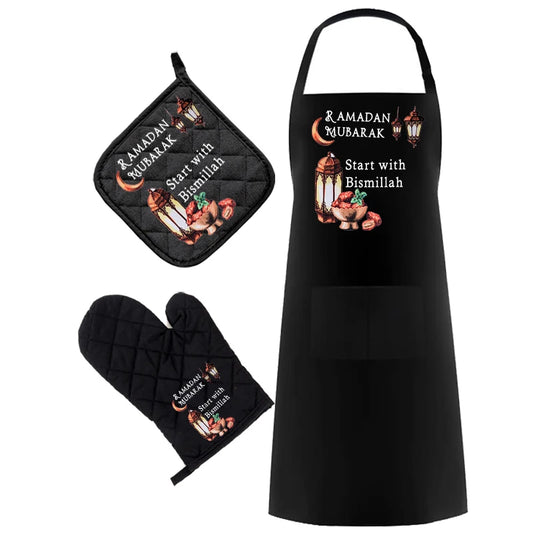 Ramadan Mubarak Kitchen Apron & Pot Holder Mitt | Eid Gift Kitchen Apron & Mitt Set Peaceful Pleasures Health and Wellness