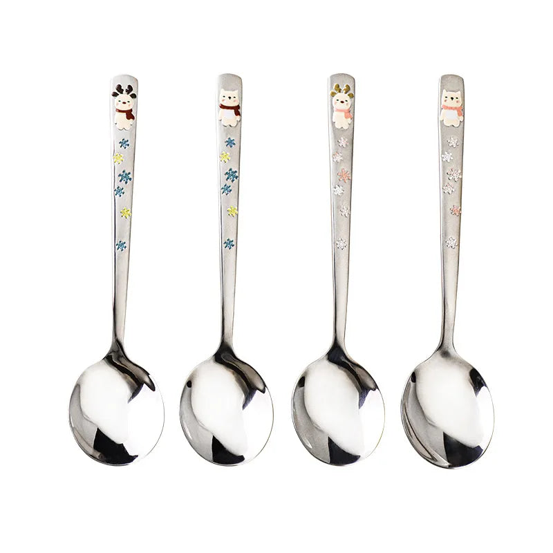 Hot 304 Stainless Steel Round Spoon Cartoon Embossed Deer Spoon Korean Style Household Long Handle Drinking Spoon Peaceful Pleasures Health and Wellness