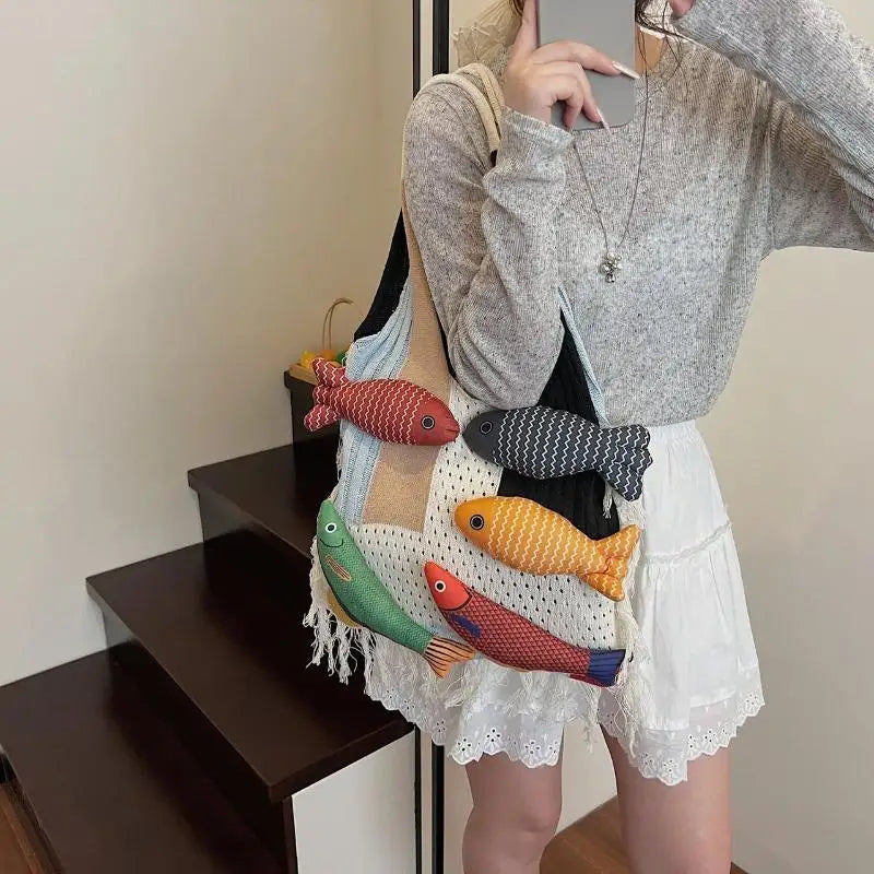 Fish Tassel Knitted Shoulder Bag – Casual Tote for Women & Girls