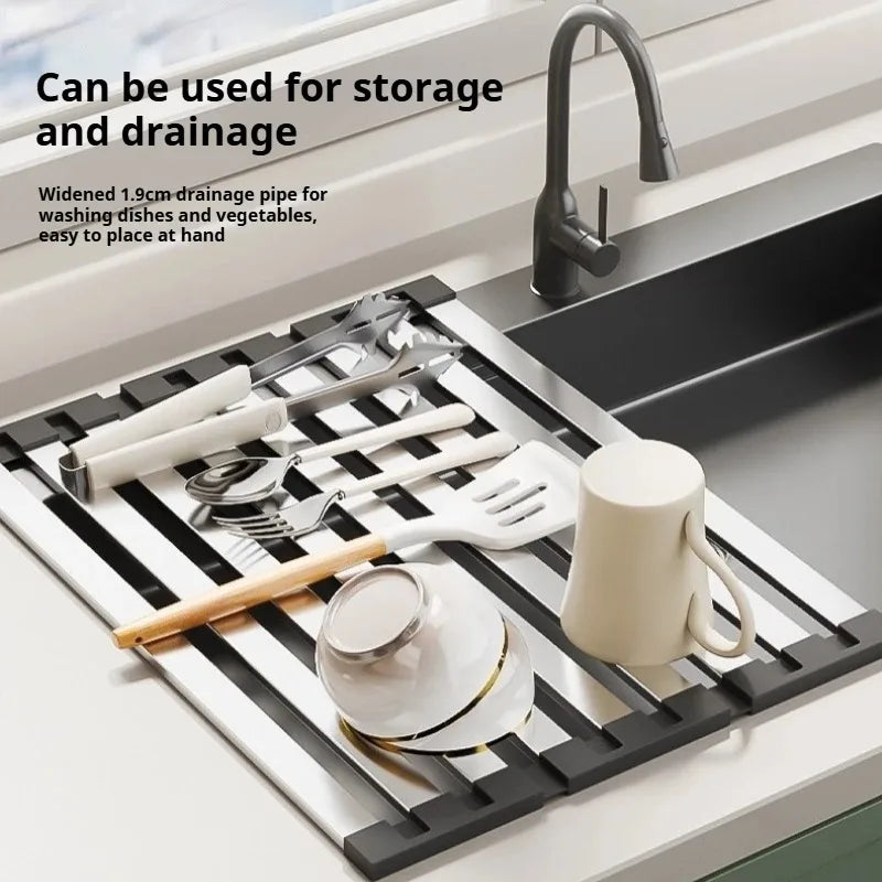 Foldable Over-Sink Drying Rack – 304 Stainless Steel & Silicone Roll-Up Dish, Fruit & Vegetable Drainer