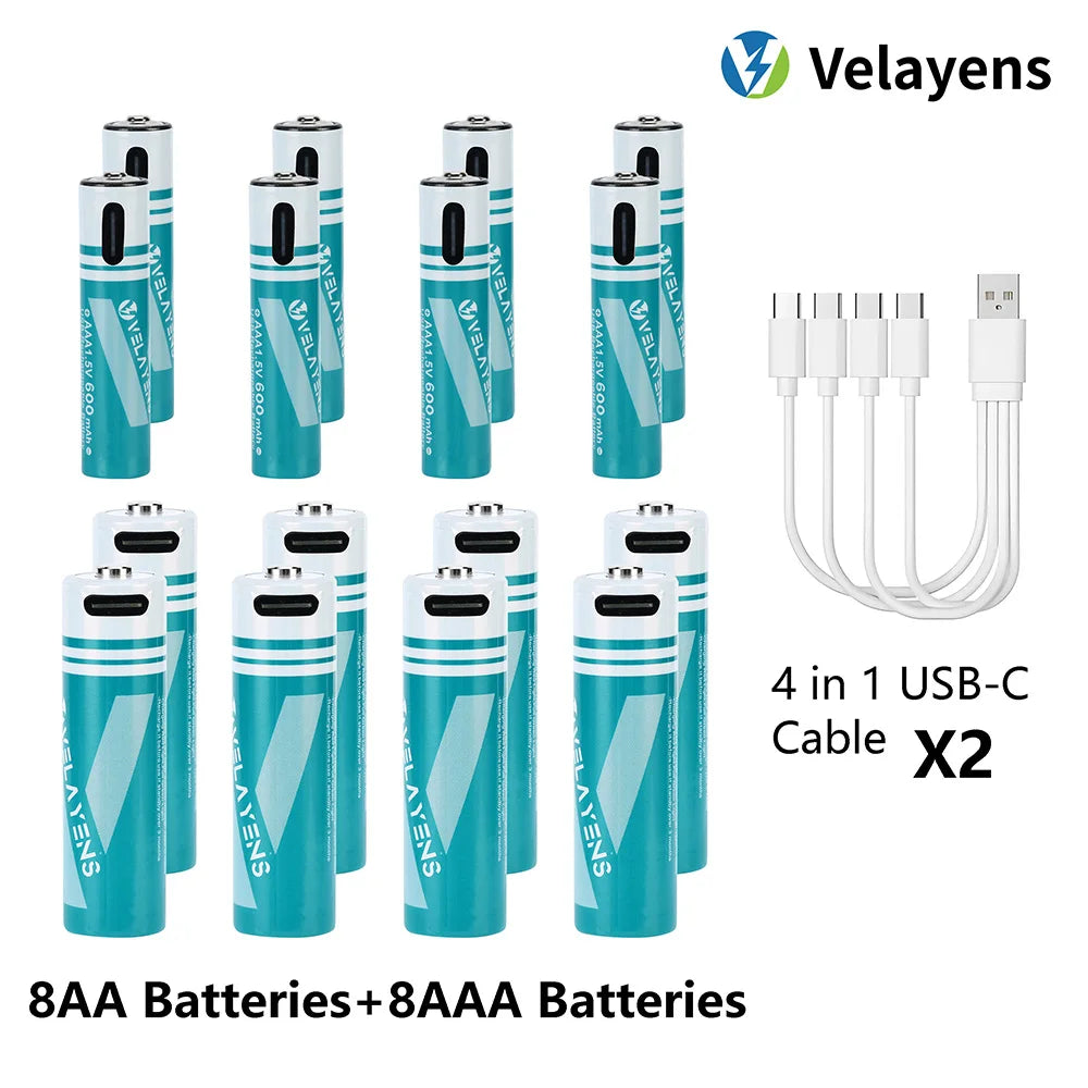 1.5V USB Rechargable Lithium Battery AA 2200mAh + AAA 600mAh Actual Capacity Fast Charging 2000+ Charge Cycles Peaceful Pleasures Health and Wellness 8AA 8AAA