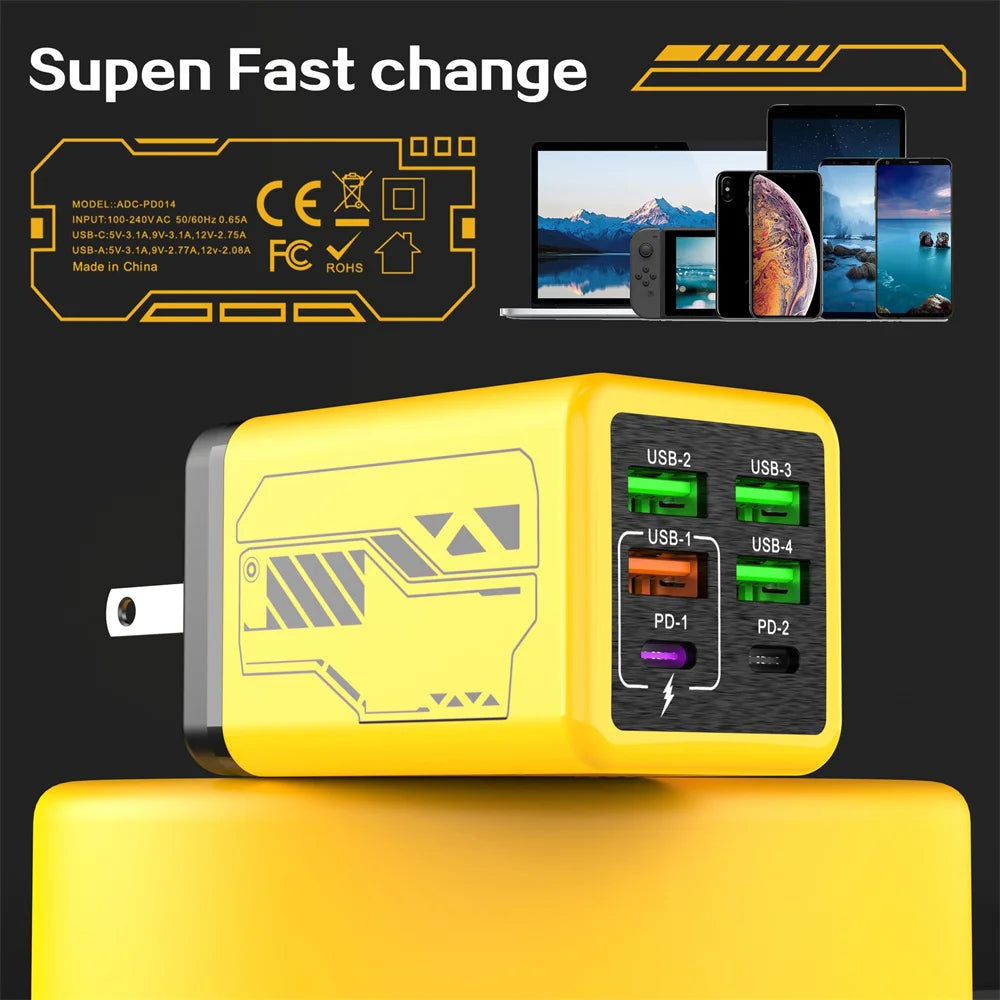 240W 6-Port Fast Wall Charger QC3.0 | USB-A & USB-C Travel