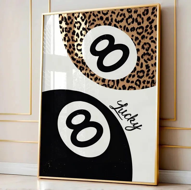 Leopard Print 8 Ball Canvas Wall Art | Black & White Poster