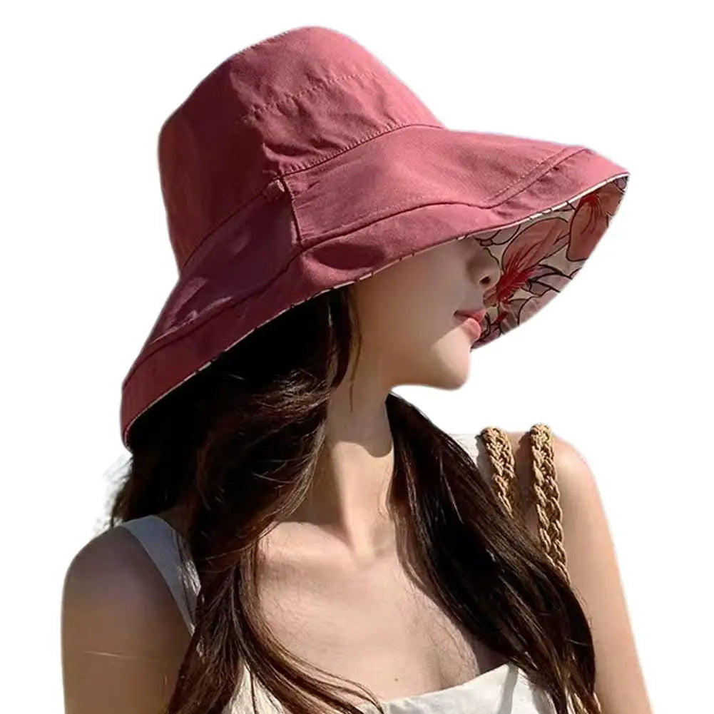 Double-Sided Printed Sun Hat Dual-Style Reversible Wear Sun Protection Windproof Rope Flower Print Wide Brim Fisherman Hat Women Peaceful Pleasures Health and Wellness Red