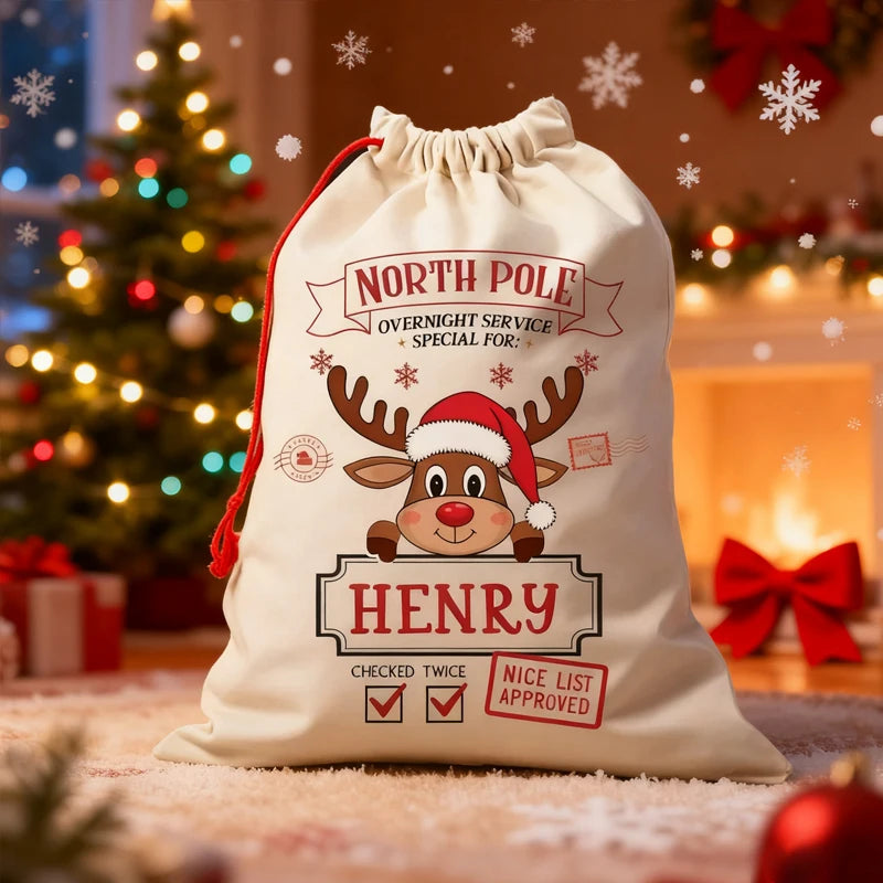 Personalized Reindeer Christmas Gift Bag | Custom Kids Xmas Bag Christmas Gift Bag Peaceful Pleasures Health and Wellness