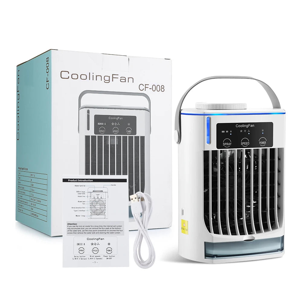 Small Space Air Conditioning for Home Rechargeable Portable Summer Desktop Air Cooler Spray Fan Moist Clean Air for Office Room Peaceful Pleasures Health and Wellness WHITE