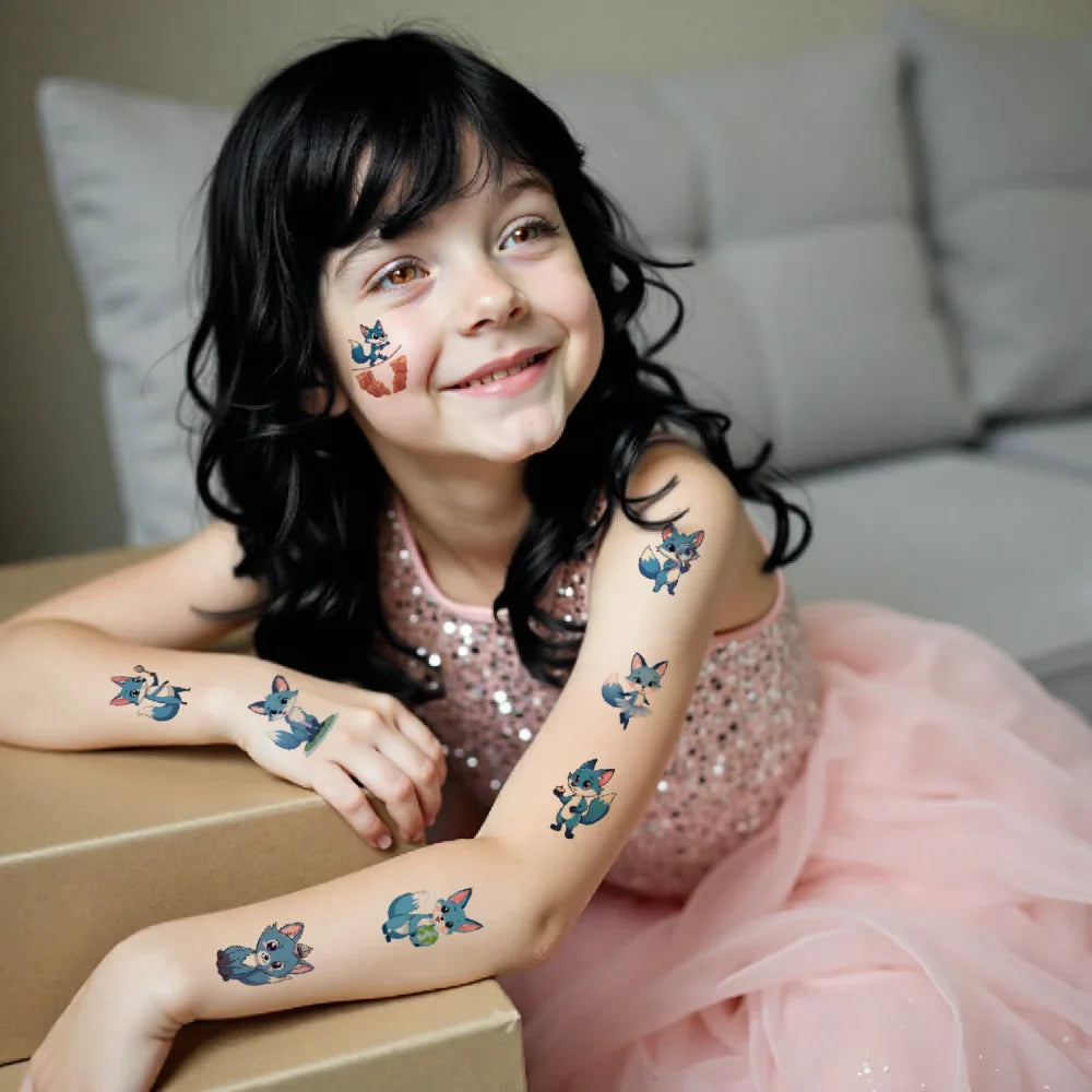 54-Piece Fox Cartoon Temporary Tattoo Stickers – Waterproof